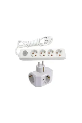 VİKO Beyaz Set Multi-let 4'lü Anahtarlı Topraklı Ç.k. Grup Priz 3 Metre + 3'lü Yonca Fiş-priz